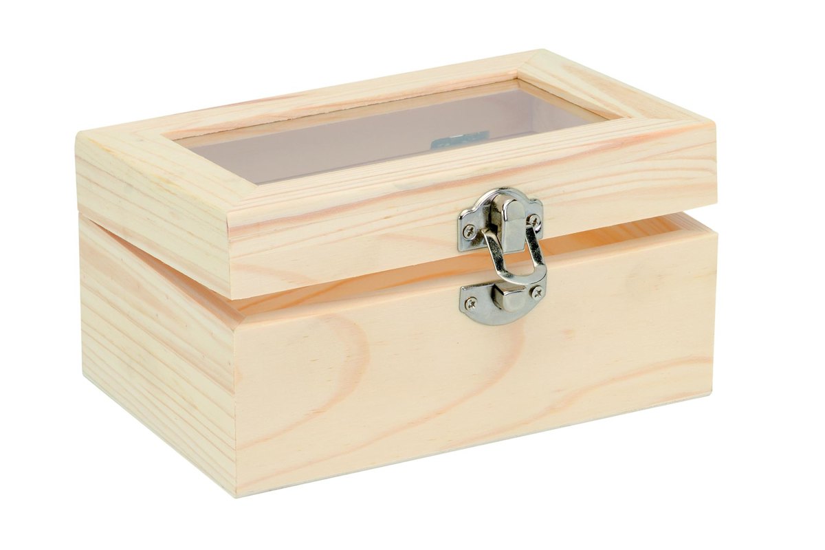 Houten doos met glazen inzet 15x10x8cm